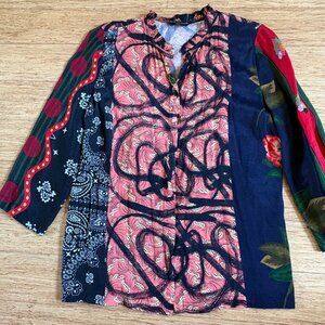 Desigual Button Up Shirt S Long Sleeve Art Colorful Oriental Boho Roll Tab